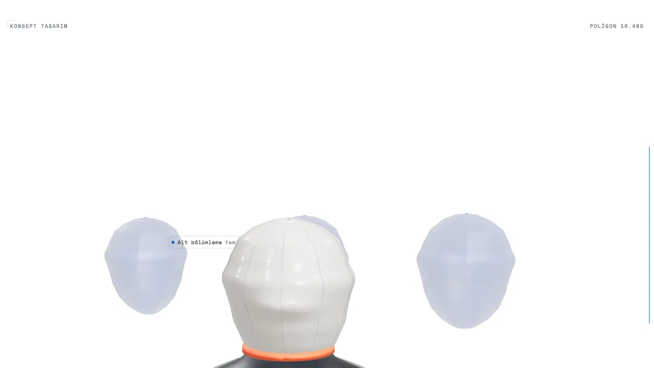 Stilize 3D avatar büstü; düşük poligonlu taban ile alt bölümlenmiş yüzeyin karşılaştırması