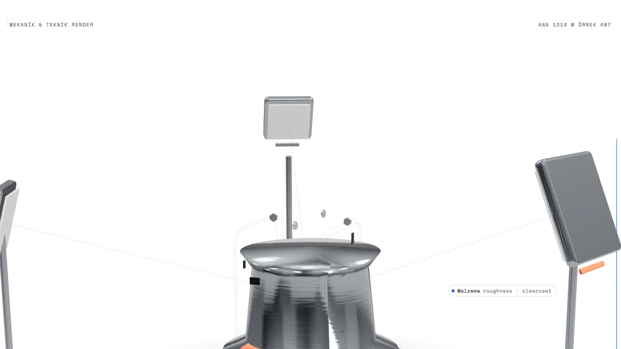 Render ışık kurulumu: ürün, döner tabla, üç softbox ve gri kart ile ölçüm düzeni