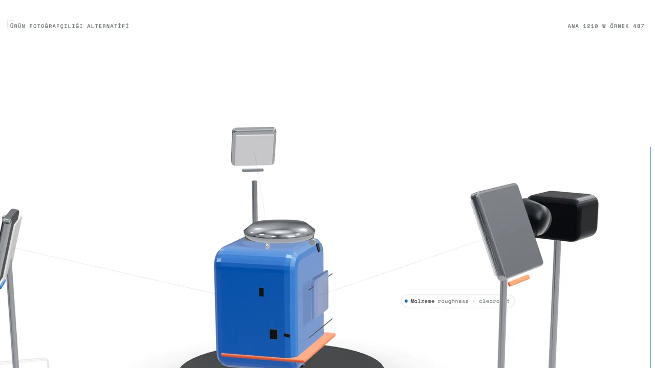 Render ışık kurulumu: ürün, döner tabla, üç softbox ve gri kart ile ölçüm düzeni