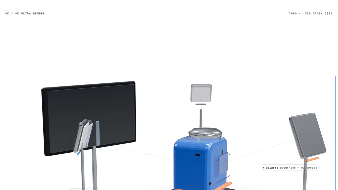 Render ışık kurulumu: ürün, döner tabla, üç softbox ve gri kart ile ölçüm düzeni