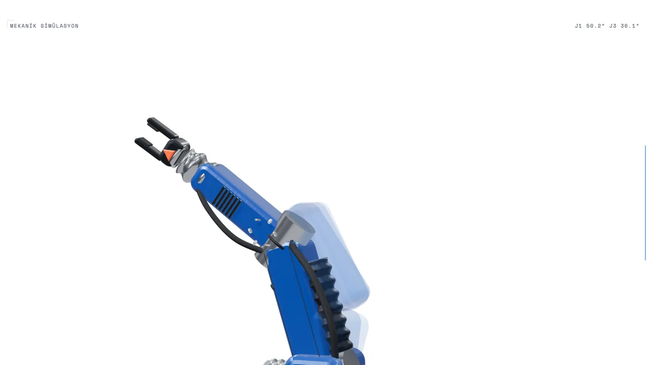 Altı eksenli endüstriyel robot kolu, konveyörden aldığı parçayı taşırken; koddan üretilmiş 3D sahne