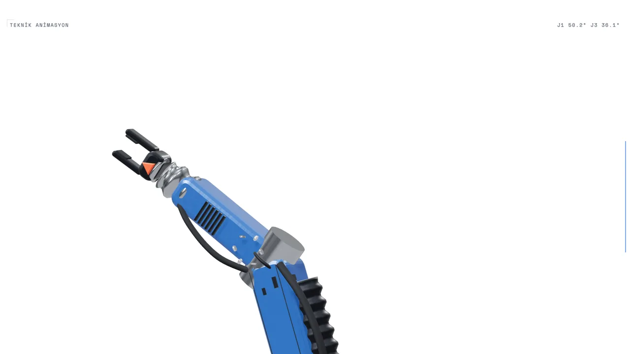 Altı eksenli endüstriyel robot kolu, konveyörden aldığı parçayı taşırken; koddan üretilmiş 3D sahne