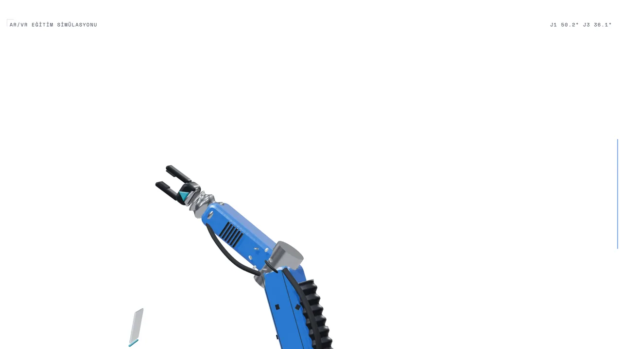 Altı eksenli endüstriyel robot kolu, konveyörden aldığı parçayı taşırken; koddan üretilmiş 3D sahne